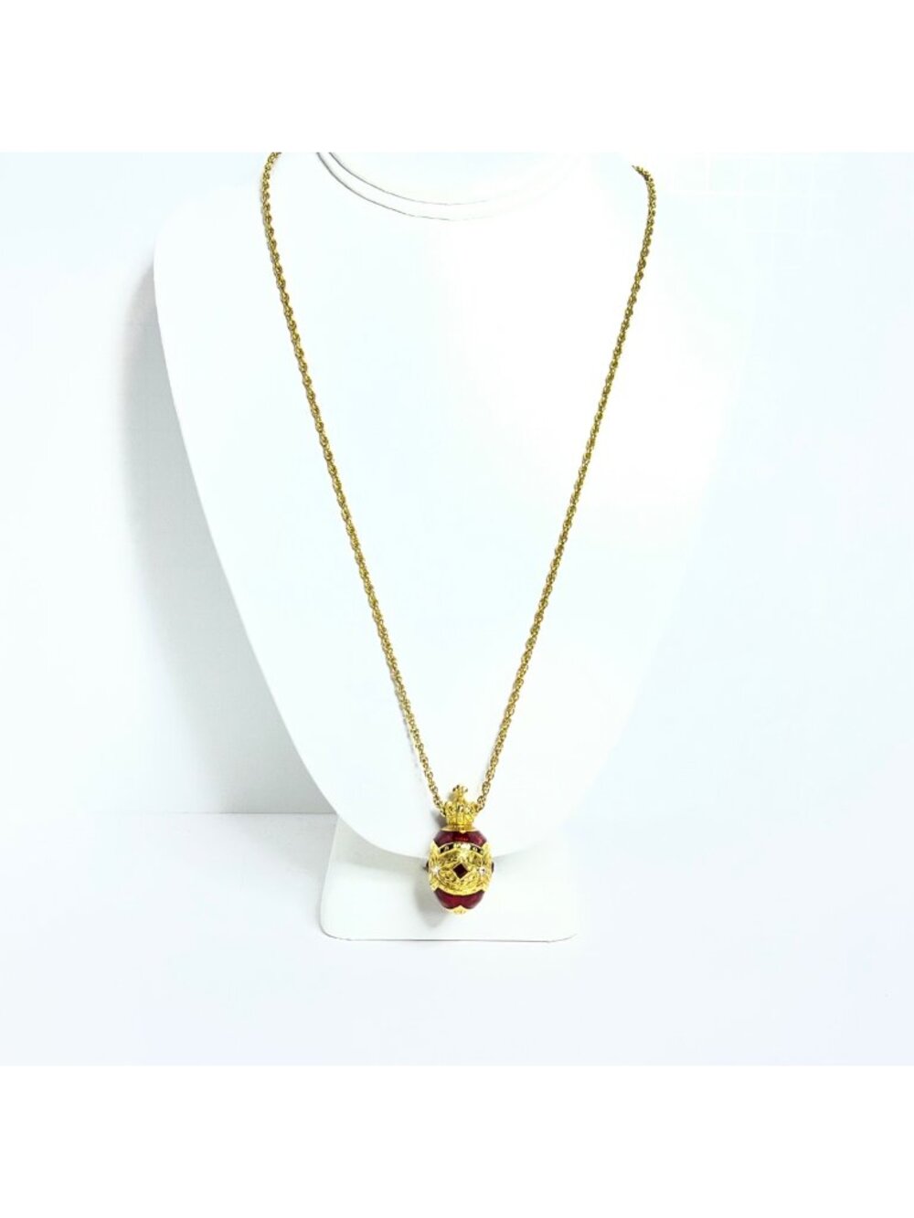 Joan Rivers Gold Tone Necklace W/ Red Enamel And Rhinestone Egg Pendant (6377)